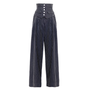 Pinstripe Statement Buttoned Trousers Black (S)