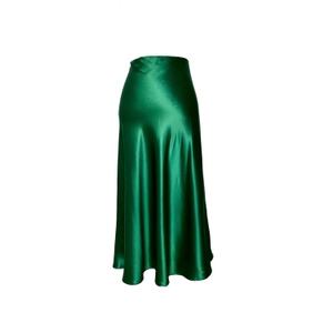 Pure Mulberry Silk Bias Cut Slip Midi Skirt Emerald Green (M)