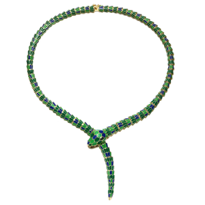 Rachel Glauber Yellow Gold Plated With Emerald Cubic Zirconia Green Enamel Coiled Serpent Snake Stiff Collar Necklace