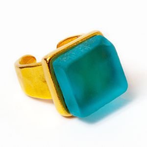 Recycled Gin Bottle Cube Gold Ring Aqua