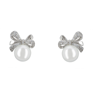 Ribbon Bow Pearl Stud Earrings Silver