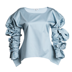 Ribbon Wrapped Blouse In Cloudy Blue Cotton (L)