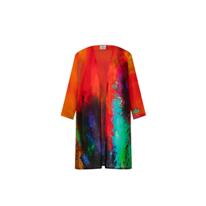 Roar Abstract Print Short Kimono - Red & Multicolor Cover Up (S)