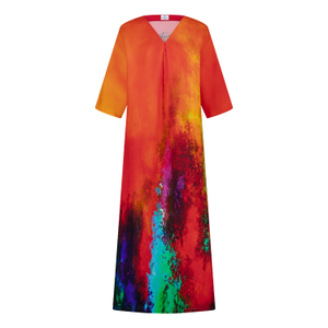 Roar Tiger Animal Print Abstract Kaftan Dress - Red & Multicolor (L)