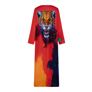 Roar Tiger Animal Print Abstract Long Kimono - Red,Green & Multicolor (L)
