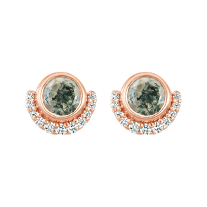 Rose Gold Moss Agate & Diamond Lunar Eclipse Studs (one size)