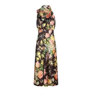 Ruched Asymmetric High Neck Satin Midi Dress _ Black (M)