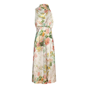 Ruched Asymmetric High Neck Satin Midi Dress _ White (XS)