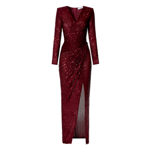 Scarlet Burgundy Sparkle Sequined Maxi Dress With Long Sleeve (S)