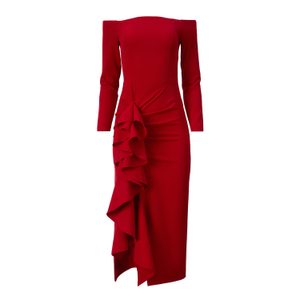 Scarlet Elegance Off-Shoulder Ruffle Dress (L)