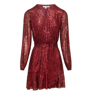 Sequin Skater Dress With Long Sleeve Burgundy (M)
