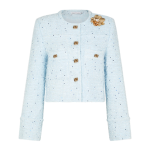 Sequined Brooch-Detail Wool Blend Bouclé Tweed Jacket In Baby Blue (S)