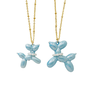 Baby Blue Porcelain Balloon Doggie Necklace, Gold Tone (L)