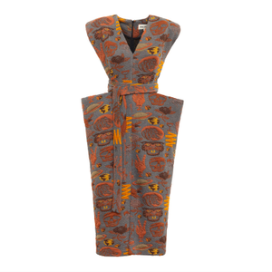 Fashion Midi Dress With Belt And Bold Shoulders Jacquard Grey (S)