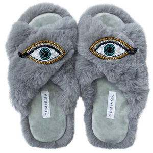 Eco Faux Fur Slippers – Recycled Faux Fur + Evil Eye Embellishment - Grey (L)