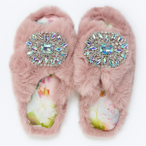 Eco Faux Fur Slippers – Recycled Faux Fur + Iridescent Removable Brooches + Silk Insoles - Pink (M)