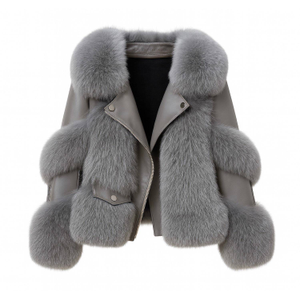 Galaxy Jacket Grey Coat Faux Fur Eco-Friendly Leather Zipper (M)