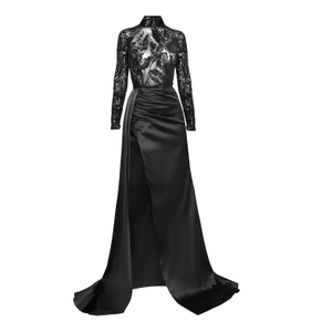 Monaco Sheer Sequin & Satin Gown With Sash- Black (XXL)