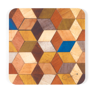 Six Square Coasters In Warm Earthy Shades With A Pop Of Blue. Heat Proof Melamine.