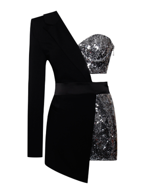 Skylynn Sequin Black One Sleeve Blazer Romper (S)