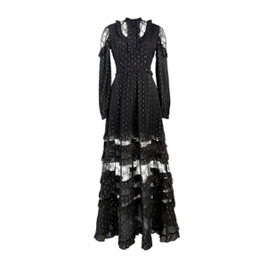 Solgo Gold Metallic Embellished Silk Maxi Dress In Black With Ruffle Adorned Lace Panels And Pintuck Details (L)