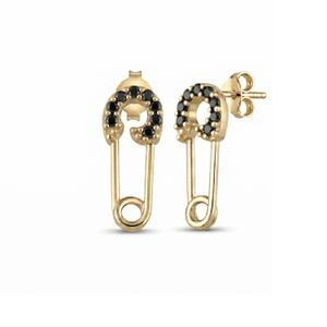 Sterling Silver Black Jewelled Mini Safety Pin Stud Earrings - Gold