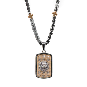 Sterling Silver Lion Pendant Hematite Stone Beaded Men's Necklace - Silver
