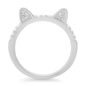 Sterling Silver Diamond Cz Kitty Cat Band Ring (N 1/2 (UK))