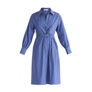 Striped Shirt Dress With Waist Tie In Blue & White (L)