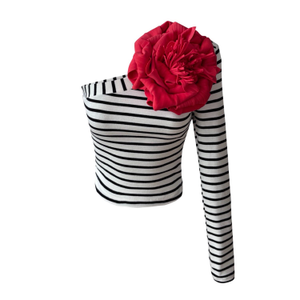Striped One Sleeve Top With Red Flower Pin (L)