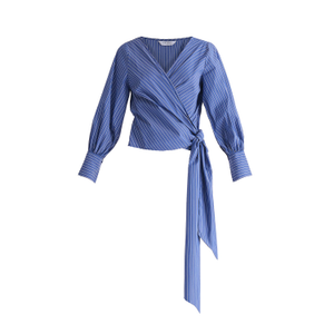Striped Wrap Top With Waist Tie In Blue & White Stripes (L)