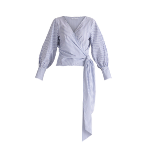 Striped Wrap Top With Waist Tie In White & Blue Stripes (L)