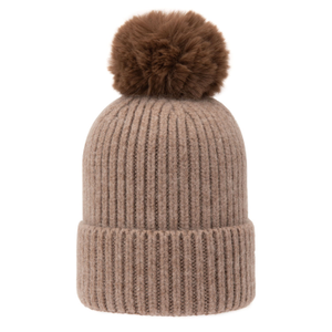 Super Soft Chunky Cashmere Hat With Pom Pom In Taupe (one size)