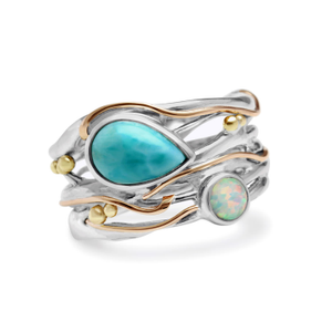 Teardrop Larimar & White Fire Opal Ring (S (UK))