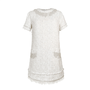 Tia Short Sleeves Sheath Mini Dress In Sequin-Embellished White Tweed Bouclé With Pearl Fringe Details (L)