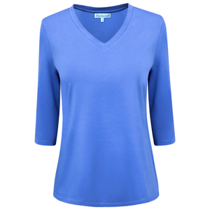 Tony  Blue Solid Cotton Spandex Three Quarter Sleeve Length V-Neck T-Shirt (XS)