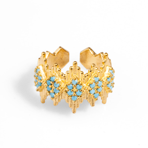 Turquoise Stone & Gold Crown Adjustable Statement Ring - Gold