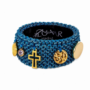 Turquoise Blue & Gold Bracelet - Handknitted - With Charms