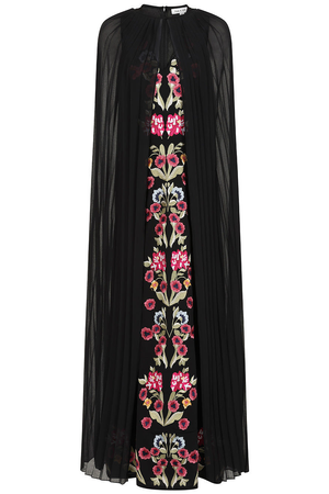 Valentina Black Floral Embroidered Maxi Dress With Pleated Cape (XS)