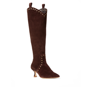 Vanesa Brown Suede Tall Low Heel Boot Comfortable With Studs For Dressy Work & Evening (6 UK)