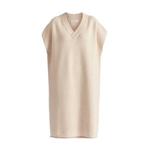 V-Neck Sleeveless Ribbed Jumper Dress In Beige (L/XL)