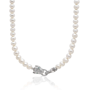 White Pearl Necklace With Silver Panther Head Lock (20")