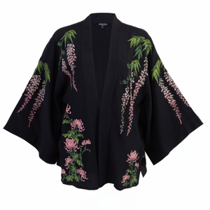 Wisteria & Chrysanthemum Embroidered Black & Pink Fully Lined Short Kimono (one size)