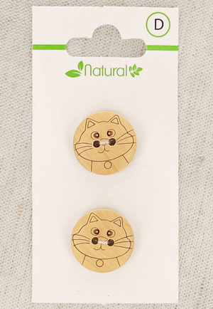Carte de 2 boutons en bois naturel 18 mm 2 trous - Chat