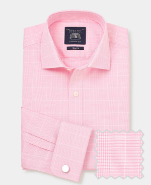 Pink White Cotton Prince of Wales Check Slim Fit Formal Shirt - Double Cuff