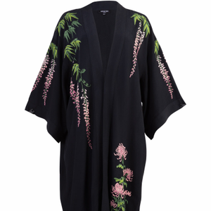 Wisteria & Chrysanthemum Embroidered Black & Pink Fully Lined Long Kimono (one size)