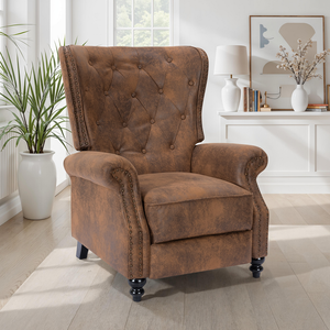 Faux Leather Suede Brown Buttoned Carmona Wingback Recliner Chair