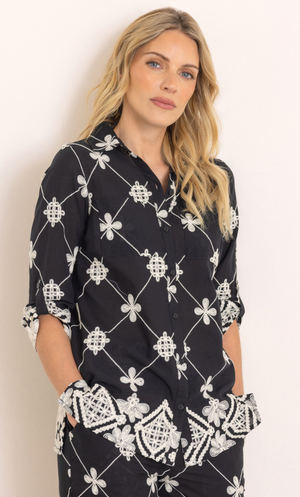 Embroidered Cotton Blouse - Black/Cream