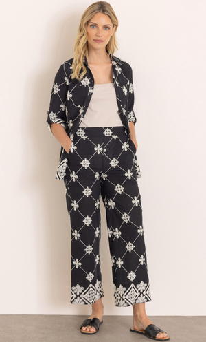 Embroidered Wide Leg Pull On Cotton Trousers - Black/Cream