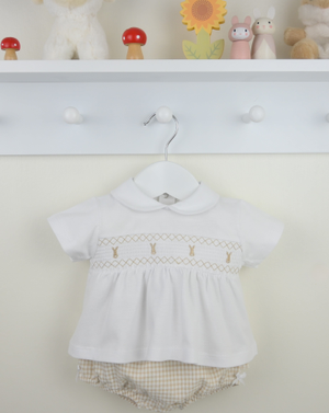 'Hurley' White & Beige Gingham Bunny Top & Bloomers Set